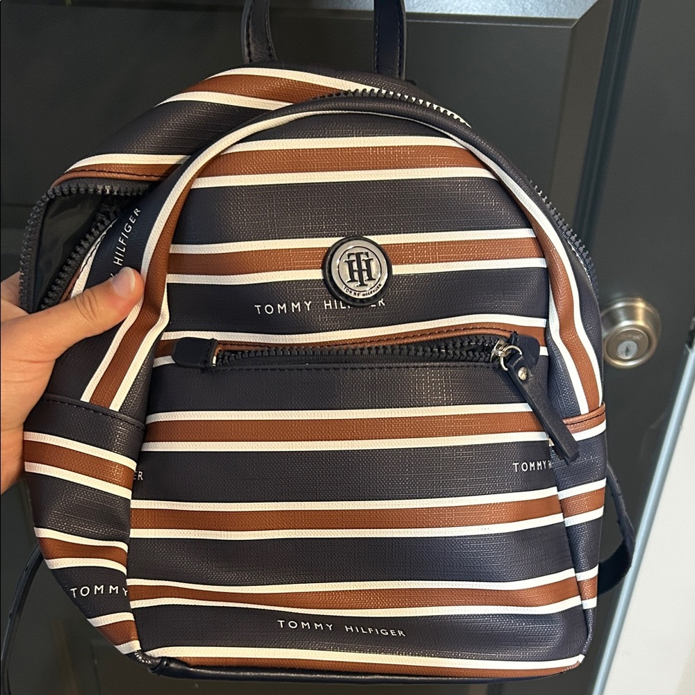 Tommy Hilfiger Navy and Brown Striped Backpack